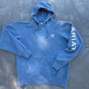 Ariat Pullover Hooded Sweatshirt Size Small  Heather Blue Sleve Logo MSR I Photo
